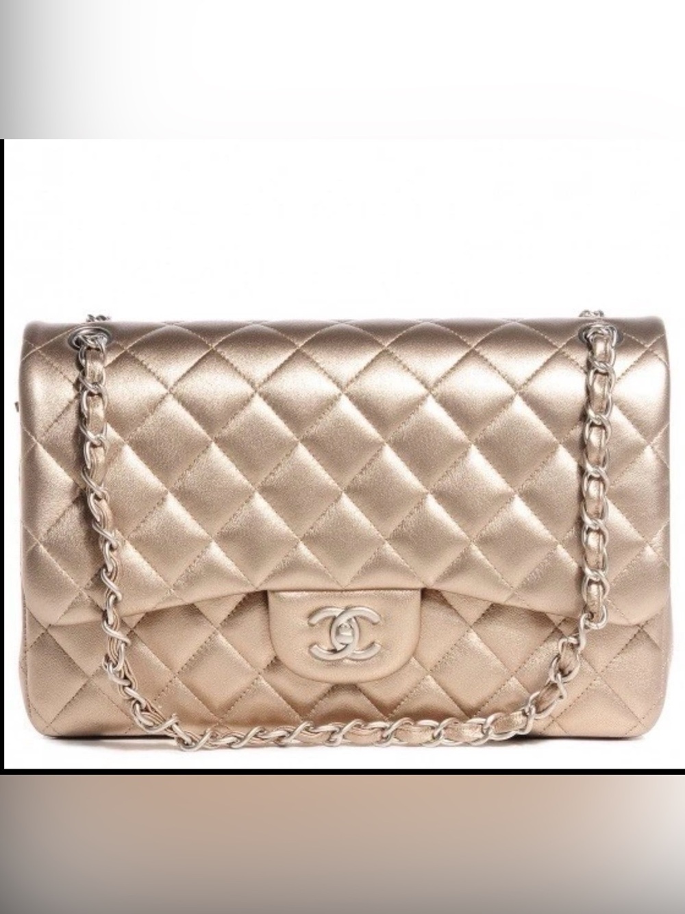 CHANEL Classic Quilted Metallic Champagne Jumbo lampskin Double Flap Crossbody